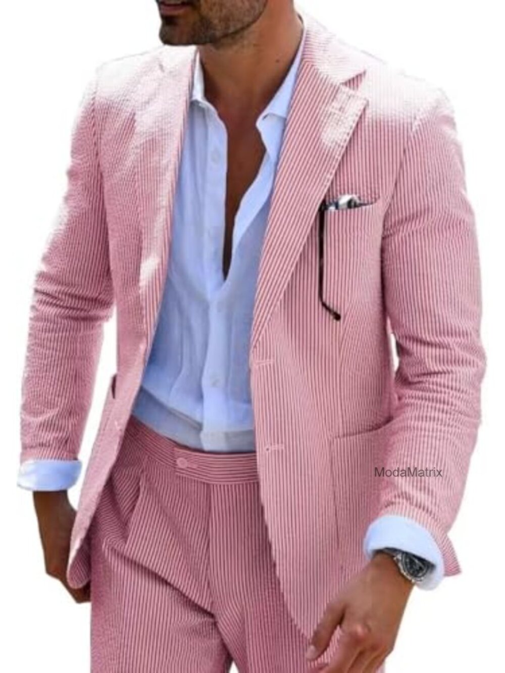 Men's Seersucker Summer Suit Wedding Groom Formal Suit Set Slim Fit
